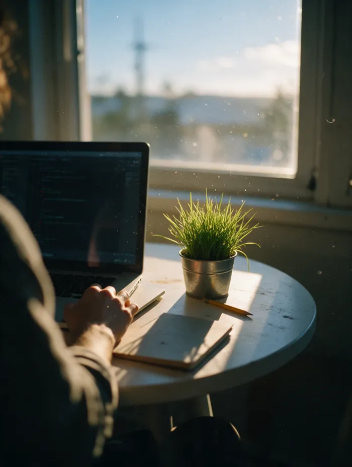 A laptop open on a small table in morning light