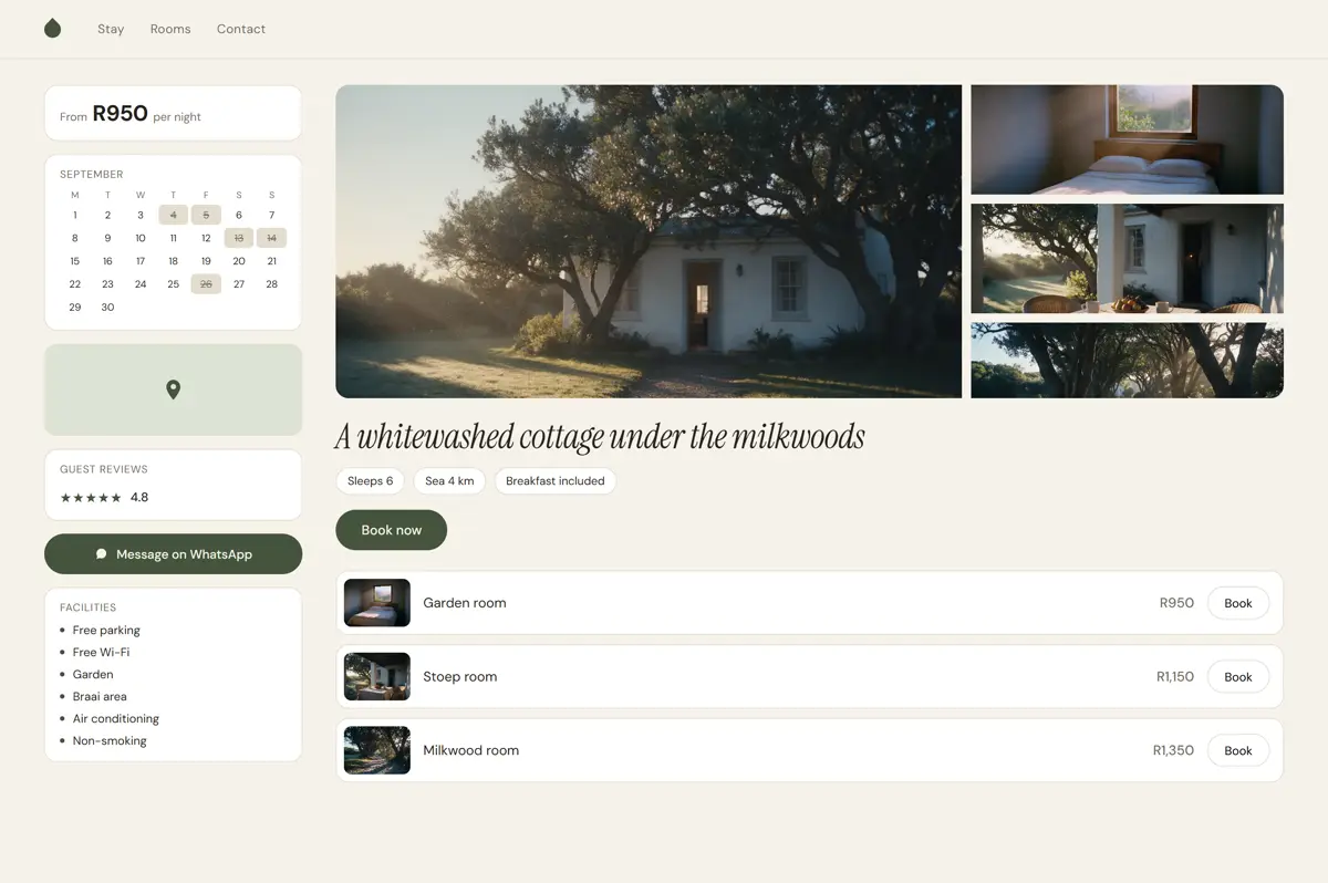 A guesthouse website on a desktop screen: photo mosaic, an info sidebar with rates and availability, room rows