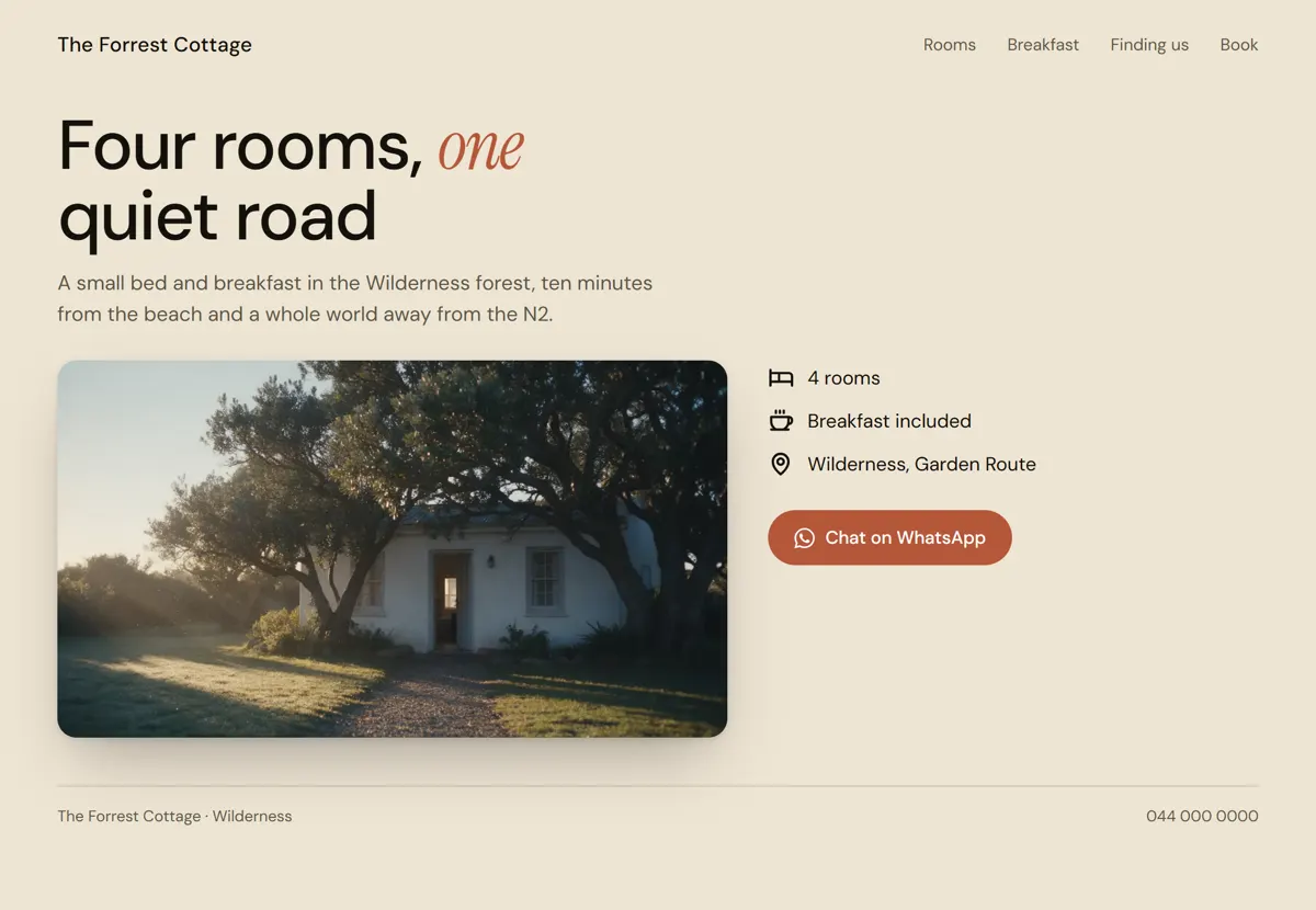 The same guesthouse page rebuilt: one headline, one photograph, three facts, one button