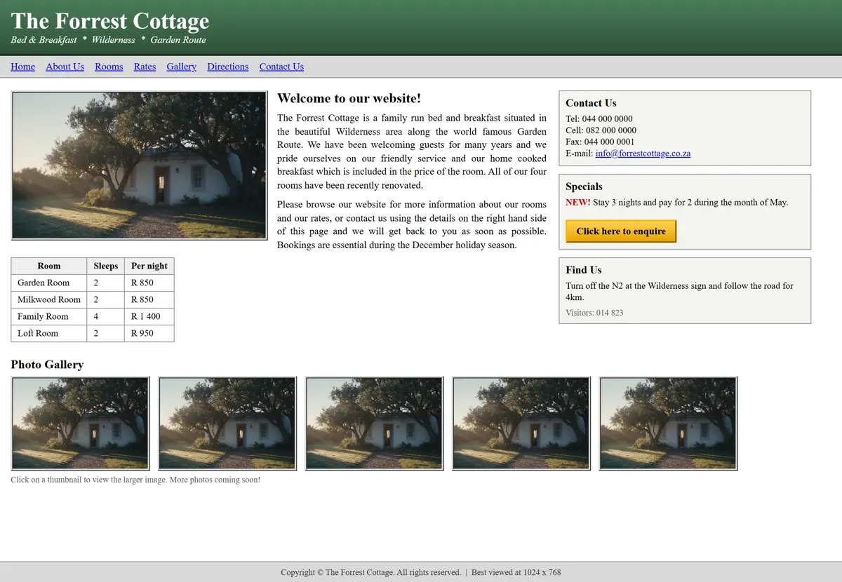 A dated guesthouse website: grey boxes, underlined blue links, a table of rates