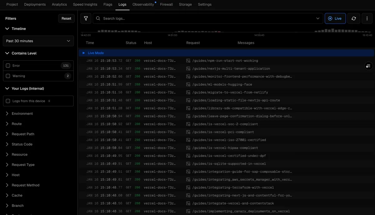 A hosting dashboard showing live request logs