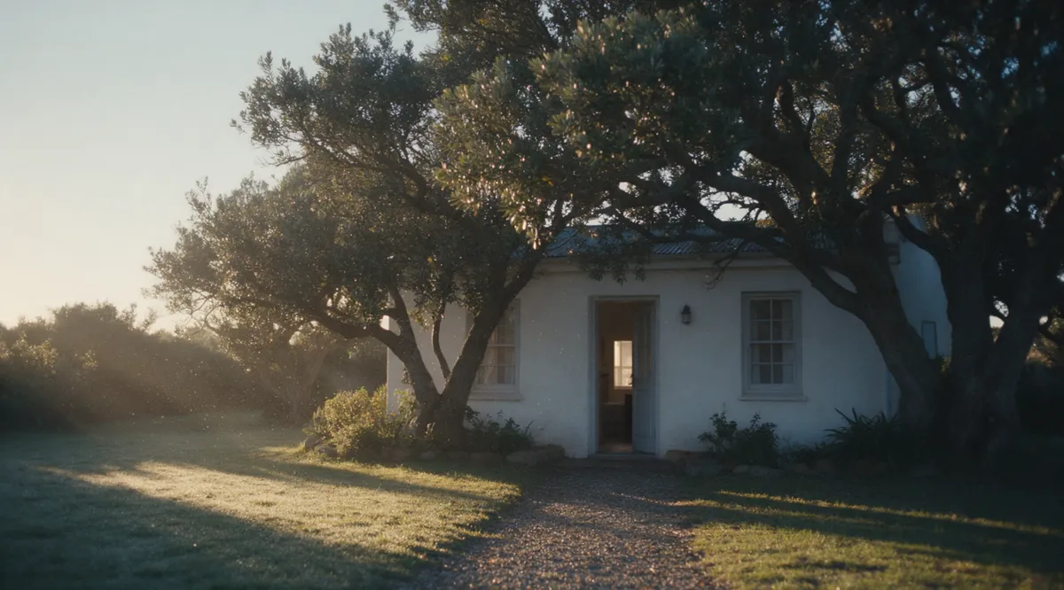 The Forrest Cottage, a small whitewashed guesthouse under milkwood trees