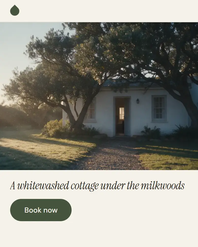 The same guesthouse site on a phone: one photograph, one line, one Book button
